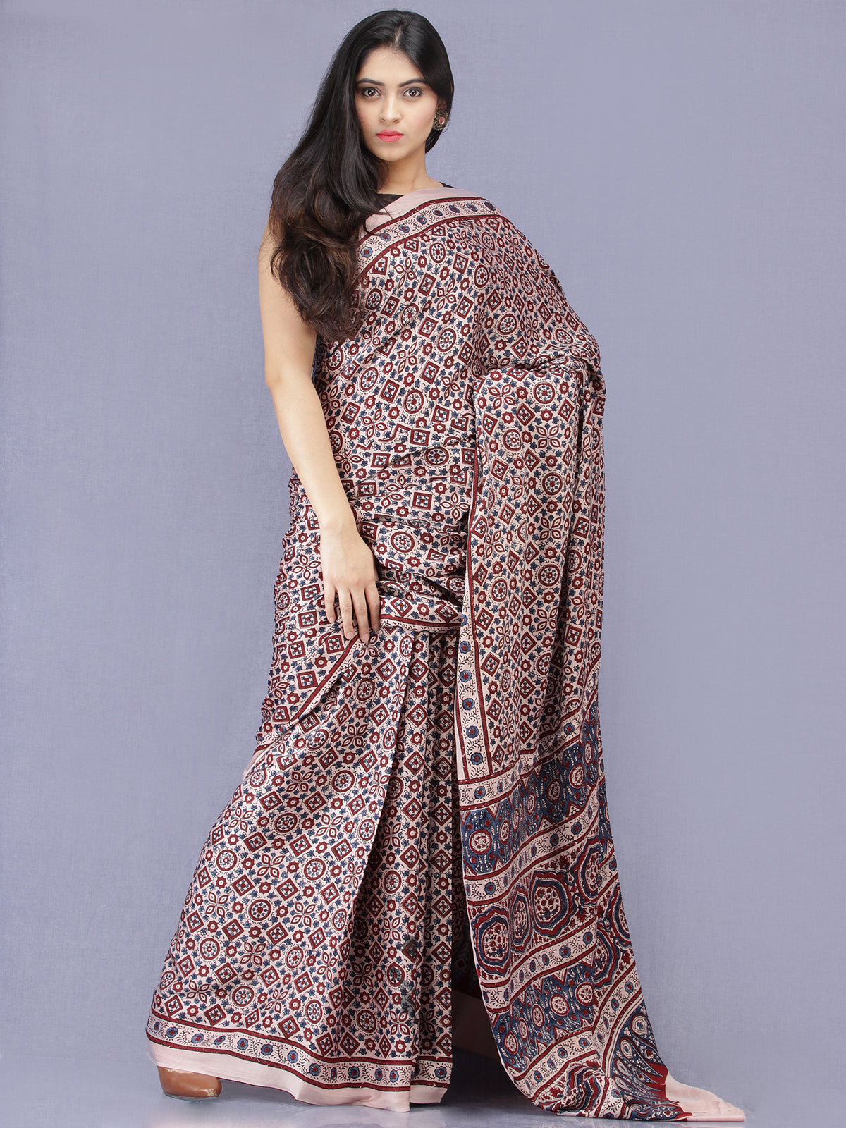 Ivory Red Indigo Ajrakh Hand Block Printed Modal Silk Saree - S031704183
