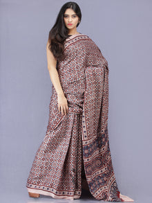 Ivory Red Indigo Ajrakh Hand Block Printed Modal Silk Saree - S031704183