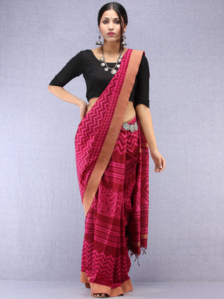 Maroon Pink Hand Block Printed Chanderi Saree With Geecha Border - S031704508