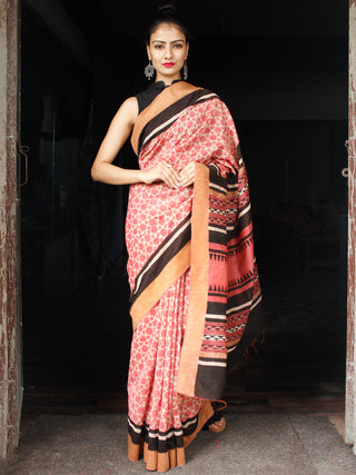 Rosewood Ivory Black Chanderi Silk Hand Block Printed Saree With Geecha Border - S031704003