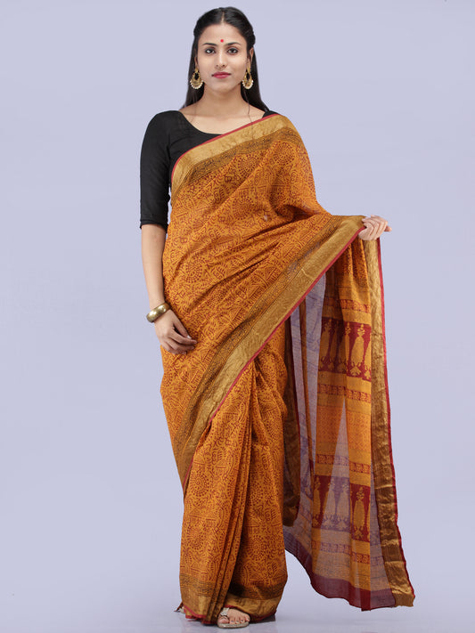 Mustard Maroon Bagh Printed Maheshwari Cotton Saree - S031704238