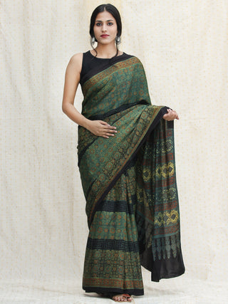 Green Red Black Ajrakh Hand Block Printed Modal Silk Saree - S031704119