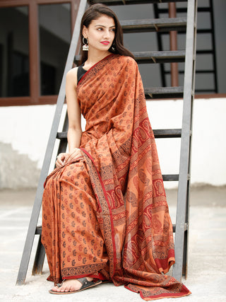 Blush Maroon Black Bagh Hand Block Printed Cotton Saree - S031703821