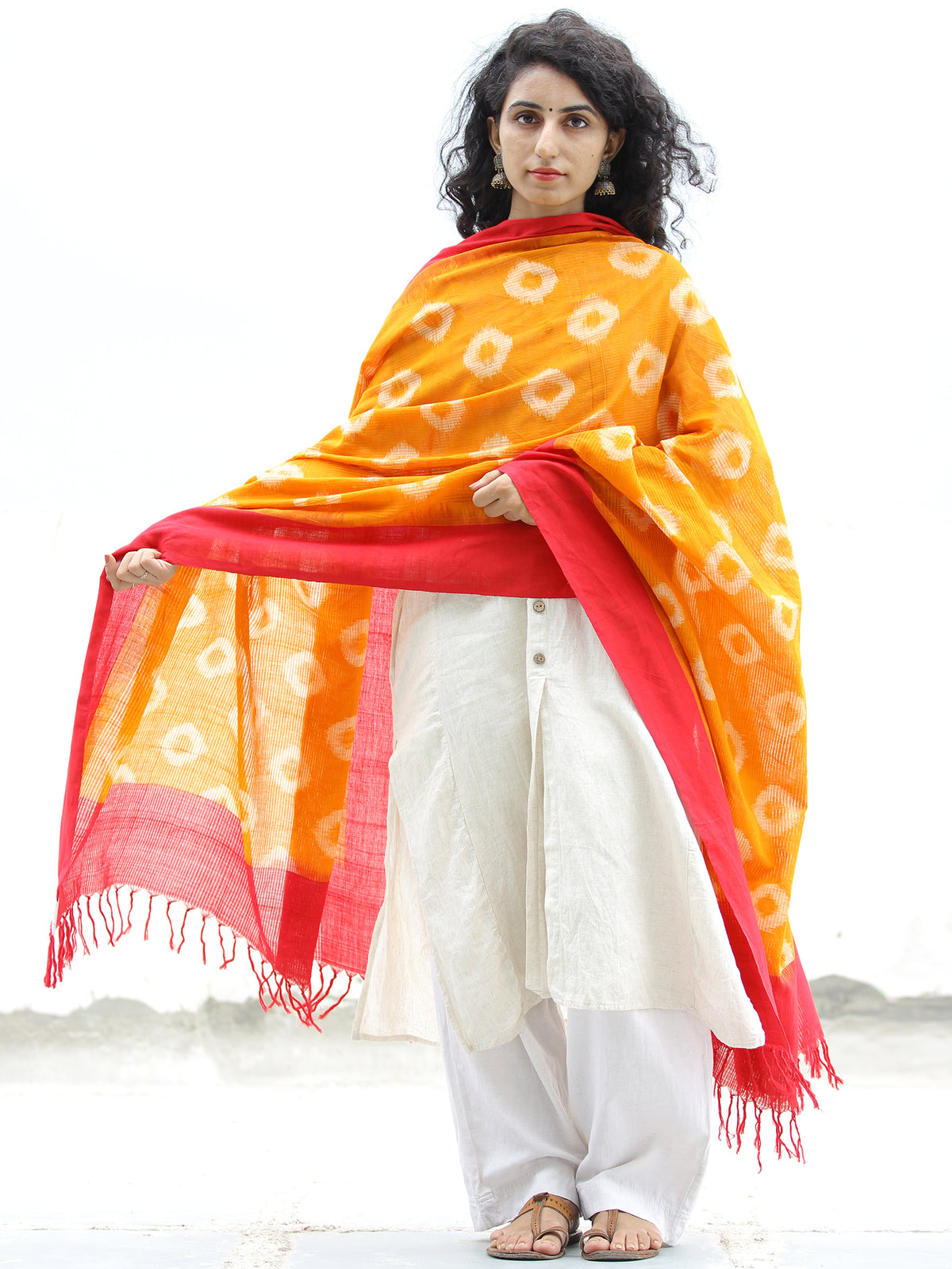 Yellow & Red Double Ikat Handwoven Pochampally Cotton Dupatta -  D04170301