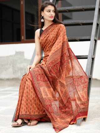 Blush Maroon Black Bagh Hand Block Printed Cotton Saree - S031703821