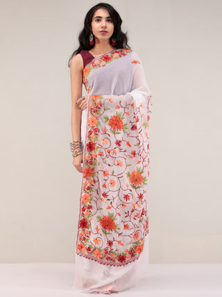 White Aari Embroidered Georgette Saree From Kashmir - S031704627