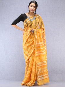 Yellow Ivory Maheshwari Silk Hand Block Printed Saree With Zari Border - S031704483