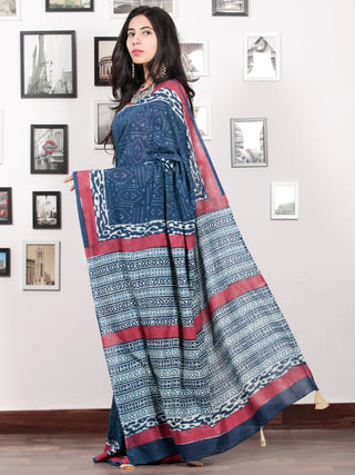 Indigo White Crimson Pink Hand Block Printed Cotton Mul Saree With  Hand made Tassels  - S031703019