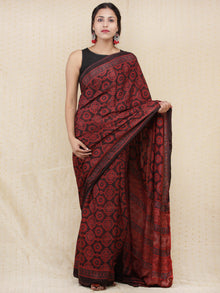 Crimson Red Black Ajrakh Hand Block Printed Modal Silk Saree - S031704154
