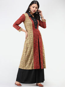 Olive Green Red Black Ajrakh Hand Block Printed Cotton Kurta   - K208F1581