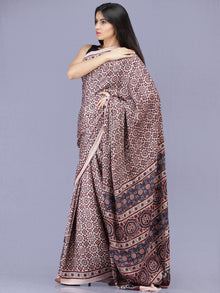 Ivory Red Indigo Ajrakh Hand Block Printed Modal Silk Saree - S031704183