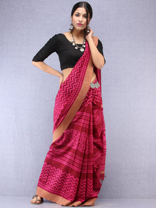Maroon Pink Hand Block Printed Chanderi Saree With Geecha Border - S031704508