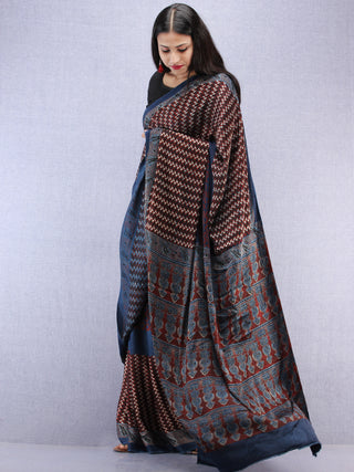 Indigo Maroon Beige Ajrakh Hand Block Printed Modal Silk Saree - S031704447