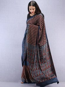 Indigo Maroon Beige Ajrakh Hand Block Printed Modal Silk Saree - S031704447