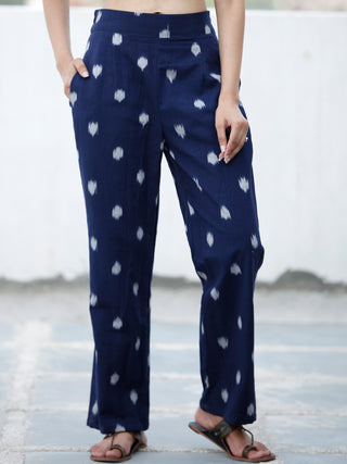 Navy Blue Ivory Hand Woven Ikat Cotton Pants - P11F1574