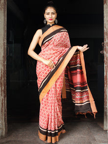 Rosewood Ivory Black Chanderi Silk Hand Block Printed Saree With Geecha Border - S031704003