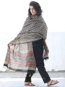 Beige Black Red Chanderi Hand Block Printed Dupatta - D04170450