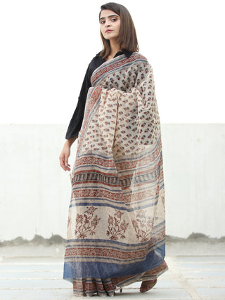 Ivory Red Indigo Hand Block Printed Kota Doria Saree  - S031704072