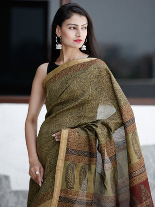 Olive-Green-Rust- Black Bagh Hand Block Printed Maheswari Silk Saree With Resham Border - S031703830
