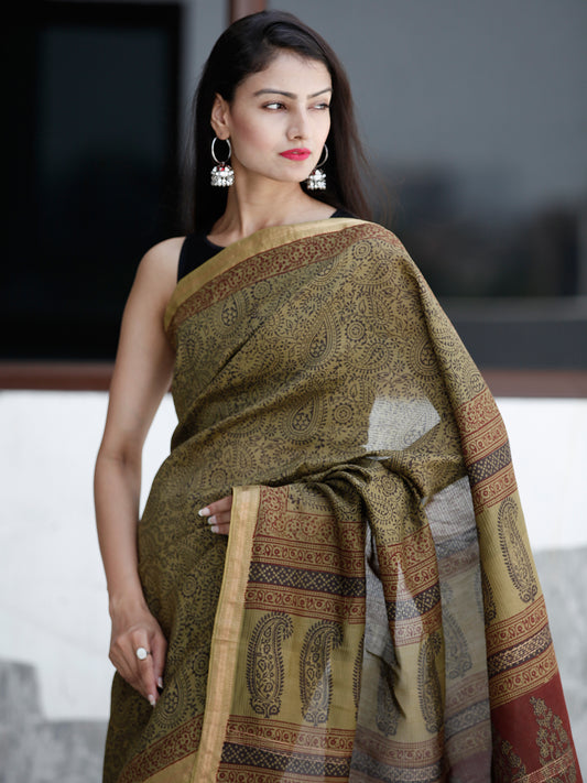 Olive-Green-Rust- Black Bagh Hand Block Printed Maheswari Silk Saree With Resham Border - S031703830