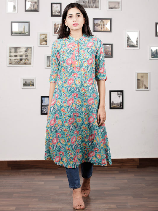 Green Pink Yellow Hand Block Printed Kurta - K82F1486