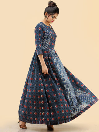 Nafesa - Hand Block Printed Long Cotton Dress With Embroidered Yoke  - D386F2065