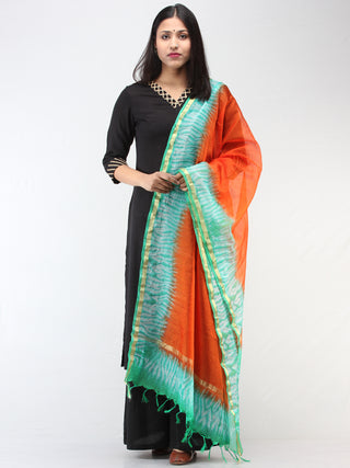 Kota Doria Tie & Die Dupatta  With Zari Border - Red & Sea Green - D04170896