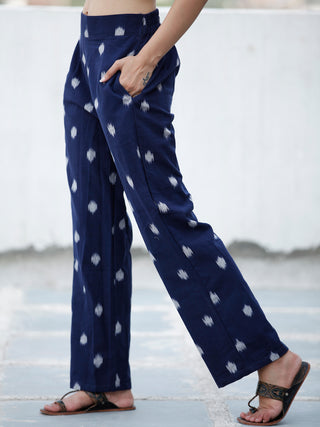 Navy Blue Ivory Hand Woven Ikat Cotton Pants - P11F1574