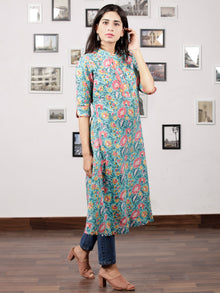 Green Pink Yellow Hand Block Printed Kurta - K82F1486