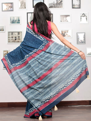 Indigo White Crimson Pink Hand Block Printed Cotton Mul Saree With  Hand made Tassels  - S031703019
