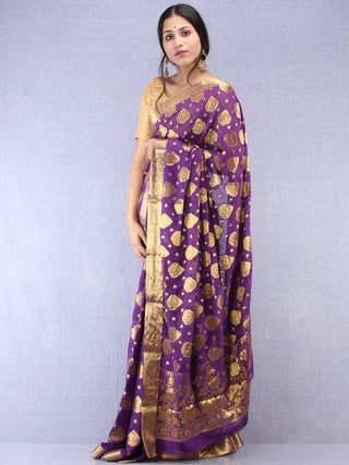 Banarasee Chiffon Saree With Golden Zari Weave - Purple & Gold - S031704359