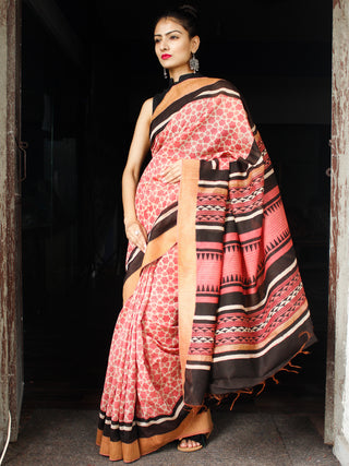 Rosewood Ivory Black Chanderi Silk Hand Block Printed Saree With Geecha Border - S031704003