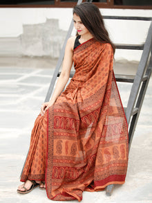 Blush Maroon Black Bagh Hand Block Printed Cotton Saree - S031703821