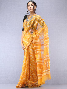 Yellow Ivory Maheshwari Silk Hand Block Printed Saree With Zari Border - S031704483