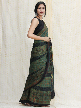 Green Red Black Ajrakh Hand Block Printed Modal Silk Saree - S031704119