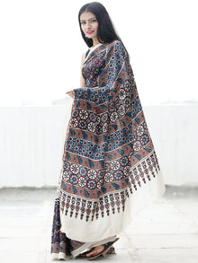 Off White Black Indigo Maroon Ajrakh Hand Block Printed Modal Silk Saree in Natural Colors - S031703698
