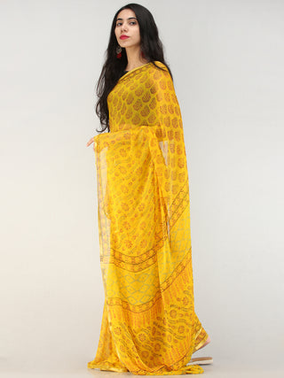 Yellow Red Green Hand Block Printed Chiffon Saree with Zari Border - S031704621
