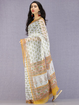 White Green Mustard Hand Block Printed Kota Doria Saree - S031704587