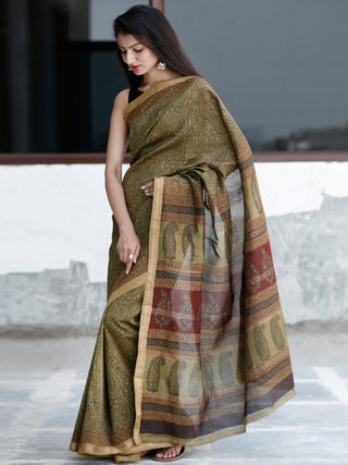 Olive-Green-Rust- Black Bagh Hand Block Printed Maheswari Silk Saree With Resham Border - S031703830