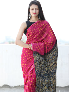 Pink Yellow Black Indigo Bandhej Modal Silk Saree With Ajrakh Printed Pallu & Blouse - S031703875