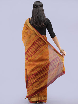 Mustard Maroon Bagh Printed Maheshwari Cotton Saree - S031704238