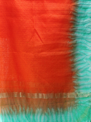 Kota Doria Tie & Die Dupatta  With Zari Border - Red & Sea Green - D04170896