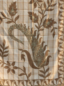 Beige Mud Brown Aari Embroidered Pure Wool Self Check Kashmiri Shawl - S200510