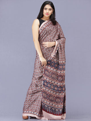 Ivory Red Indigo Ajrakh Hand Block Printed Modal Silk Saree - S031704183