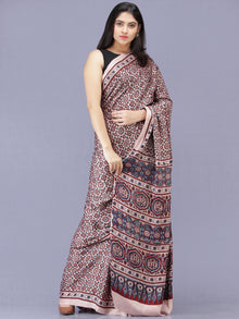 Ivory Red Indigo Ajrakh Hand Block Printed Modal Silk Saree - S031704183