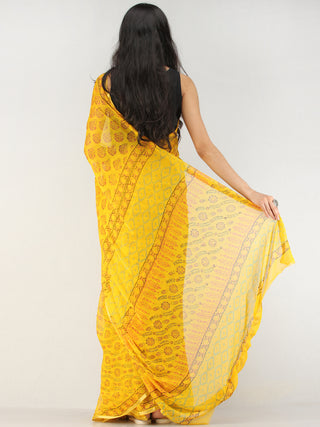 Yellow Red Green Hand Block Printed Chiffon Saree with Zari Border - S031704621