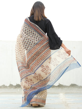 Ivory Red Indigo Hand Block Printed Kota Doria Saree  - S031704072
