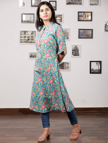 Green Pink Yellow Hand Block Printed Kurta - K82F1486