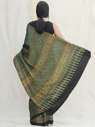 Green Red Black Ajrakh Hand Block Printed Modal Silk Saree - S031704119