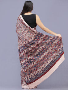 Ivory Red Indigo Ajrakh Hand Block Printed Modal Silk Saree - S031704183